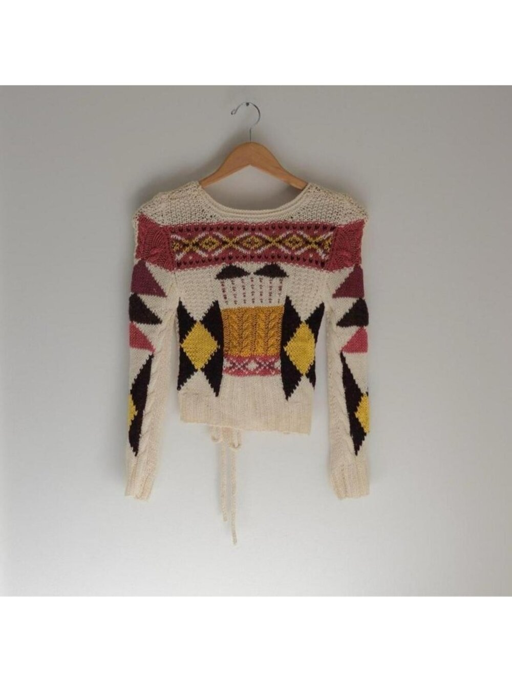 Handmade hand knit Open back Aztec geometric sweater. Size XS.